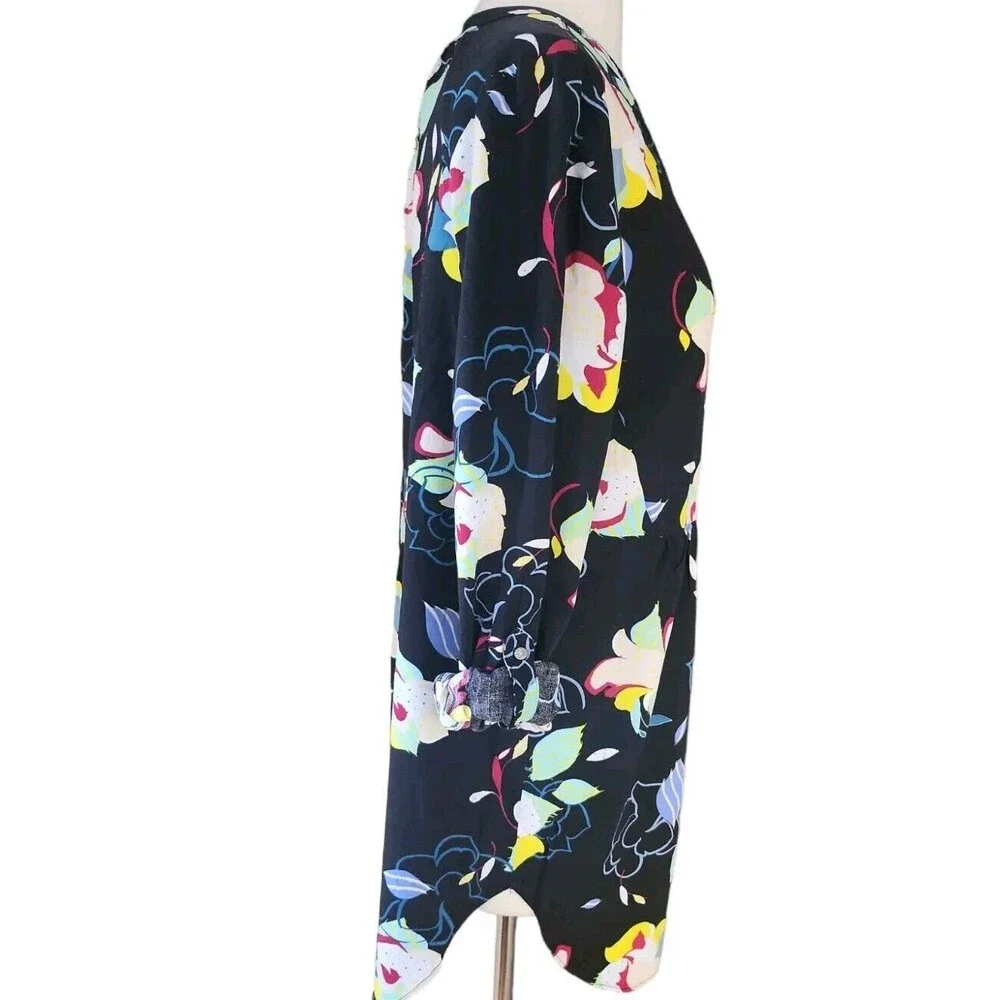 Josie Natori Floral Beach Artsy Minidress Womens Small Black Button Down Spring